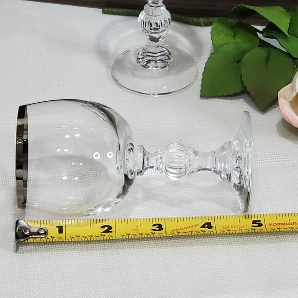 2 Bold Silver Trim Crystal Cordial Liquor Glasses 4.7" ribbed ball sculpted stem - Picture 9 of 10